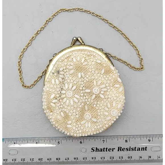Vintage Ivory Beaded Evening Clutch with Gold Chain & Kiss Clasp - Picture 1 of 2